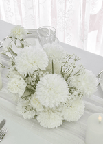 Artificial wedding table centrepiece, angled view of white faux flowers and green leaves. Made in Melbourne by Flowers For Ever After, shipping Australia and Worldwide.