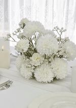 Artificial wedding low table centrepiece with clustered white faux flowers and green foliage. Made in Melbourne by Flowers For Ever After, shipping Australia and Worldwide.