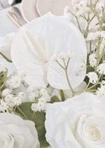 Artificial wedding table arrangement, reverse view of white faux roses, white orchids, hydrangea and green foliage. Made in Melbourne by Flowers For Ever After, shipping Australia and Worldwide.