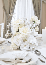 Artificial wedding table centrepiece with ivory and white faux roses, large cream blooms, hydrangea and delicate baby's breath sprigs. Made in Melbourne by Flowers For Ever After, shipping Australia and Worldwide.