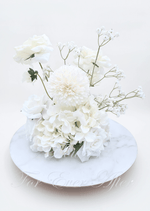 Artificial wedding floral centrepiece with white faux hydrangea, a large cream bloom and tall branching baby's breath. Made in Melbourne by Flowers For Ever After, shipping Australia and Worldwide.