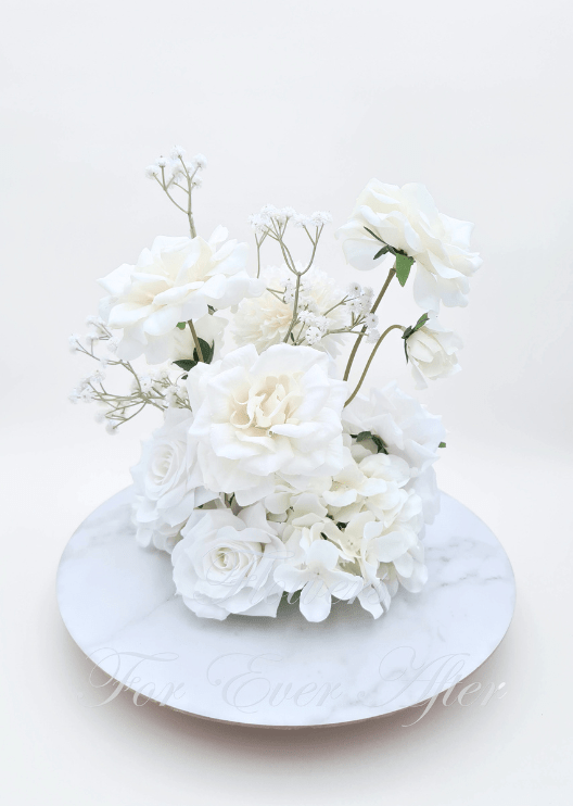 Artificial wedding floral centrepiece, reverse view of ivory and white faux roses, hydrangea and tall baby's breath stems. Made in Melbourne by Flowers For Ever After, shipping Australia and Worldwide.