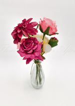 Artificial wedding table arrangement, reverse view of burgundy and pink faux roses, a burgundy dahlia and cream blooms. Made in Melbourne by Flowers For Ever After, shipping Australia and Worldwide.