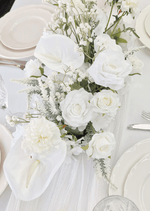 Artificial wedding low table arrangement close-up with white faux roses, white orchids, hydrangea and small filler flowers. Made in Melbourne by Flowers For Ever After, shipping Australia and Worldwide.