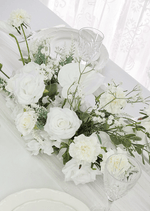 Artificial wedding low table arrangement with white faux roses, orchids, hydrangea, fine white flowers and green foliage. Made in Melbourne by Flowers For Ever After, shipping Australia and Worldwide.