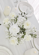 Artificial wedding table flower arrangement with mixed faux blooms and green foliage. Made in Melbourne by Flowers For Ever After, shipping Australia and Worldwide.