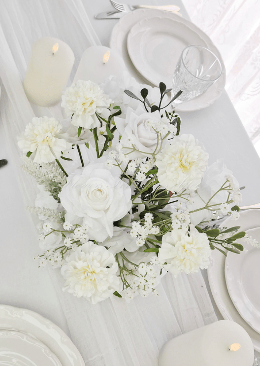 Artificial wedding table flower arrangement with mixed faux blooms and green foliage. Made in Melbourne by Flowers For Ever After, shipping Australia and Worldwide.