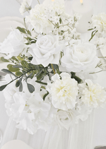 Artificial wedding table centrepiece close-up showing faux flower petals and green foliage. Made in Melbourne by Flowers For Ever After, shipping Australia and Worldwide.