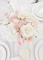 Artificial wedding table centrepiece, angled view of mixed faux flowers and green leaves. Made in Melbourne by Flowers For Ever After, shipping Australia and Worldwide.