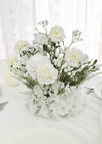 Artificial wedding table centrepiece with mixed faux flowers and green foliage in a low floral arrangement. Made in Melbourne by Flowers For Ever After, shipping Australia and Worldwide.
