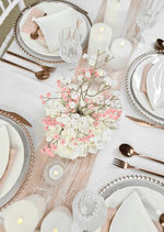 Artificial wedding table centrepiece, overhead view of white faux hydrangea and delicate pink and white baby's breath. Made in Melbourne by Flowers For Ever After, shipping Australia and Worldwide.