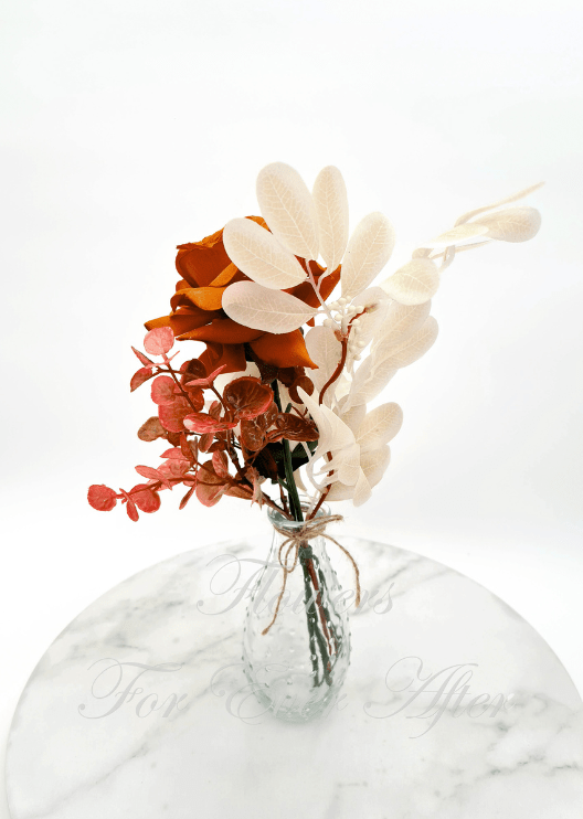 Artificial wedding bud-vase arrangement, reverse view of white faux leaves, copper-coloured eucalyptus and twine-tied stems. Made in Melbourne by Flowers For Ever After, shipping Australia and Worldwide.
