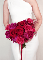 Artificial wedding bridal bouquet with mixed faux blooms, green leaves and a ribbon-wrapped handle. Made in Melbourne by Flowers For Ever After, shipping Australia and Worldwide.