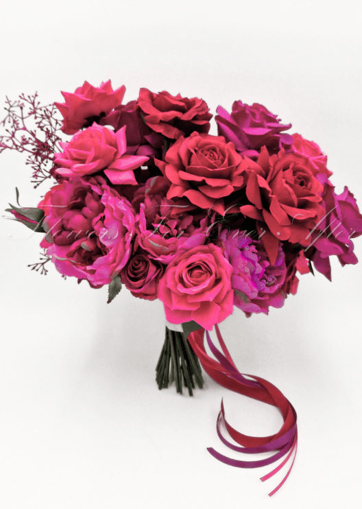 Artificial wedding bridal bouquet, front view of mixed faux flowers and green foliage with exposed stems. Made in Melbourne by Flowers For Ever After, shipping Australia and Worldwide.