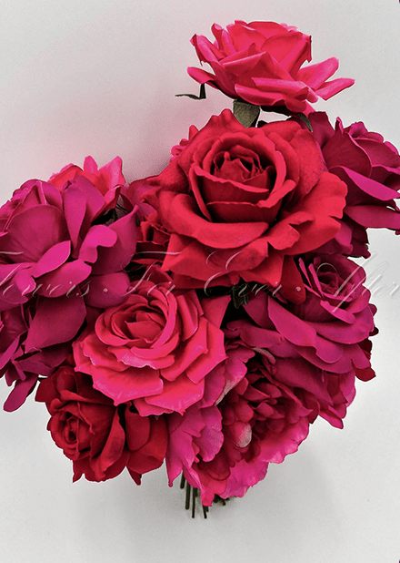 Artificial wedding bridesmaid posy close-up showing layered faux flower petals and foliage. Made in Melbourne by Flowers For Ever After, shipping Australia and Worldwide.