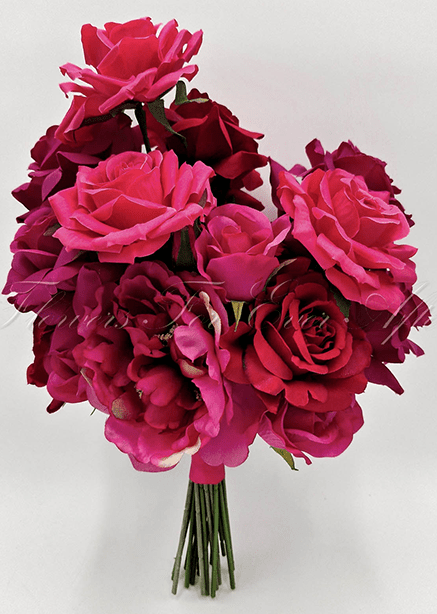 Artificial wedding bridesmaid posy, angled view of mixed faux flowers and green leaves. Made in Melbourne by Flowers For Ever After, shipping Australia and Worldwide.