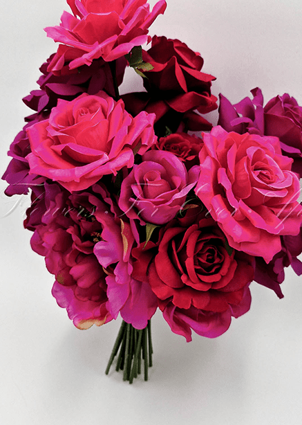 Artificial wedding bridesmaid posy, front view of mixed faux blooms with green foliage and exposed stems. Made in Melbourne by Flowers For Ever After, shipping Australia and Worldwide.