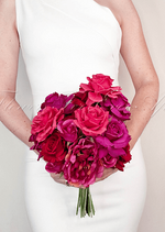 Artificial wedding bridal bouquet, angled view of mixed faux flowers and a ribbon-wrapped handle. Made in Melbourne by Flowers For Ever After, shipping Australia and Worldwide.