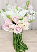 Artificial wedding cascading bouquet with pink and ivory faux roses, white calla lilies, orchids, pink-streaked anthuriums and trailing green strands. Made in Melbourne by Flowers For Ever After, shipping Australia and Worldwide.