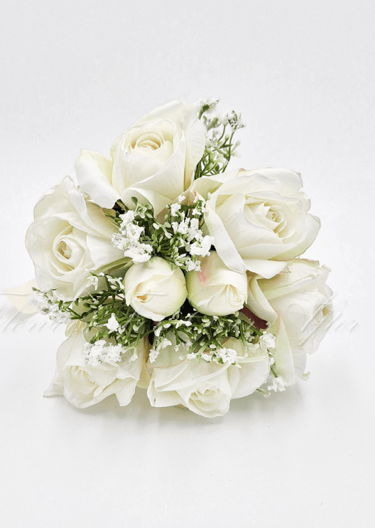 Artificial wedding toss posy, side view of small white faux flowers and wrapped stems. Made in Melbourne by Flowers For Ever After, shipping Australia and Worldwide.