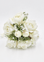 Artificial wedding toss posy, side view of small white faux flowers and wrapped stems. Made in Melbourne by Flowers For Ever After, shipping Australia and Worldwide.