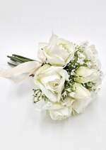 Artificial wedding toss posy with small white faux flowers, green foliage and ribbon-wrapped stems. Made in Melbourne by Flowers For Ever After, shipping Australia and Worldwide.