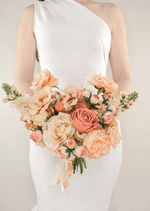 Artificial wedding bridesmaid bouquet, front view of mixed faux flowers and green leaves. Made in Melbourne by Flowers For Ever After, shipping Australia and Worldwide.