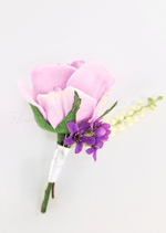 Artificial wedding boutonniere, angled view of a pink faux rose with small purple flowers and a pale spike. For formals, proms and ball occasions. Made in Melbourne by Flowers For Ever After, shipping Australia and Worldwide.