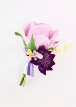 Artificial wedding boutonniere with a pink faux rose, small purple flowers, a pale flower spike and white-wrapped stem. For formals, proms and ball occasions. Made in Melbourne by Flowers For Ever After, shipping Australia and Worldwide.