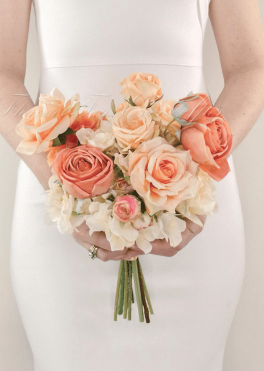 Artificial wedding bridal bouquet with mixed faux blooms, green foliage and ribbon-wrapped stems. Made in Melbourne by Flowers For Ever After, shipping Australia and Worldwide.