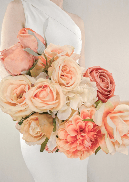 Artificial wedding bridal bouquet, side view of mixed faux blooms and wrapped stems. Made in Melbourne by Flowers For Ever After, shipping Australia and Worldwide.