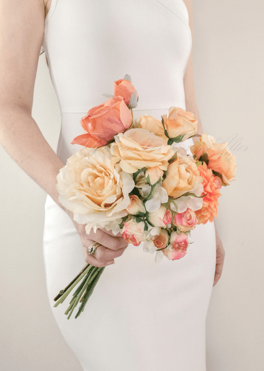 Artificial wedding bridal bouquet with mixed faux flowers, green foliage and a ribbon-wrapped handle. Made in Melbourne by Flowers For Ever After, shipping Australia and Worldwide.