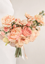Artificial wedding bridesmaid bouquet, side view of mixed faux flowers and wrapped stems. Made in Melbourne by Flowers For Ever After, shipping Australia and Worldwide.