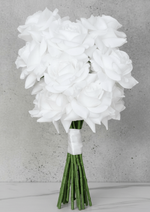 Artificial wedding bridal bouquet with clustered white faux roses, white ribbon wrapping and exposed green stems. Made in Melbourne by Flowers For Ever After, shipping Australia and Worldwide.
