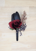 Artificial wedding boutonniere with black faux tulip, burgundy rose, mauve sprigs and dark berry branches. For formals, proms and ball occasions. Made in Melbourne by Flowers For Ever After, shipping Australia and Worldwide.