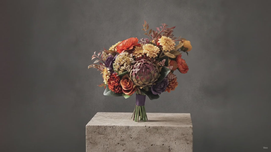 A rustic orange and purple autumn toned faux flower wedding bouquet. Flowers by Flowers For Ever After