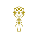 Minimalist gold line art icon of a small floral posy bouquet tied with a decorative bow.