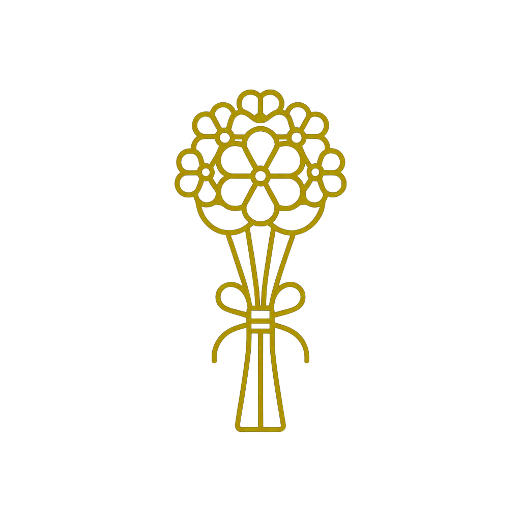Minimalist gold line art icon of a small floral posy bouquet tied with a decorative bow.