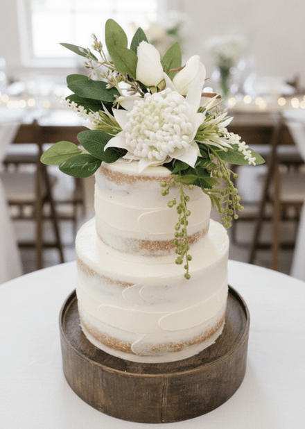 Artificial wedding cake decoration with white faux waratah blooms, native-style leaves and small filler flowers. For birthday, event and celebration cakes. Made in Melbourne by Flowers For Ever After, shipping Australia and Worldwide.