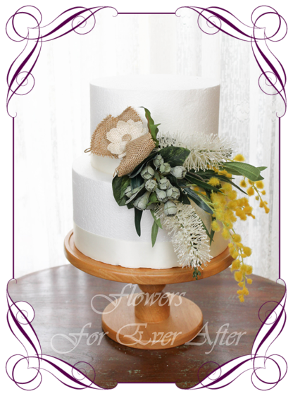 Realistic silk artificial fake flower native Australian wattle, bottle brush and gum nut cake topper floral decoration. Made in Melbourne. Shipping world wide. Buy online