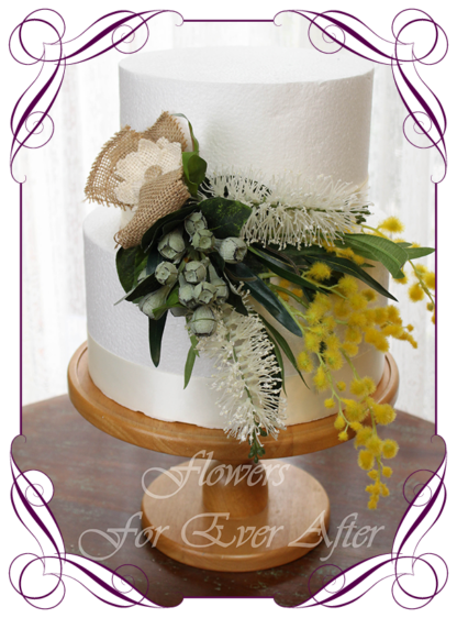Realistic silk artificial fake flower rustic native Australian wattle, bottle brush and gum nut cake topper floral decoration. For fondant icing, naked cake, or cheese wheel cake.Made in Melbourne. Shipping world wide. Buy online