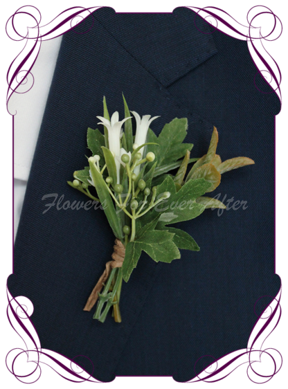 silk artificial gents mens button grooms groomsmans boutonniere for wedding and formal / prom. Ivory White foliage fern and leaves. Made in Melbourne Australia. Buy online, shipping world wide.