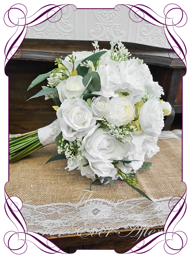 Wedding Flowers Medium  Posy  Bouquet White & Purple Lily's White Gyp 8 inch 