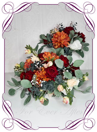 A Gorgeous Silk Artificial rustic orange and red native gum foliage bridal Bouquet posy, featuring faux flowers in a romantic rustic elegant and unusual bridal style, roses and dahlia wedding flowers, native rustic wedding, boho flowers, traditional wedding bouquets. Made in Melbourne by Australia's Best Artificial Bridal Florist. Worldwide Shipping available