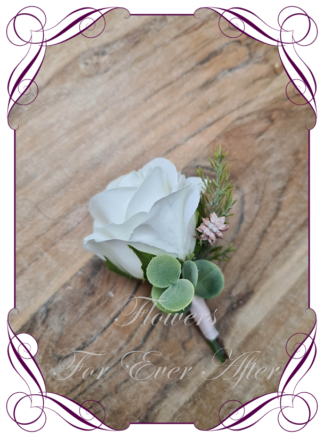 Men's wedding flower white artificial groomsmen gents wedding formal button boutonniere. Made in Melbourne Australia. Buy Online Now. Worldwide Shipping available.