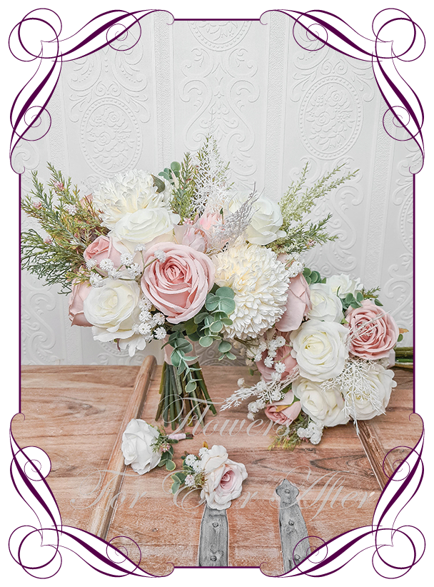 flower girl bouquet,Dusty blue , sage green,white rose, blush,baby’s  eucalyptus,bridesmaids bouquet,flower wedding decorations