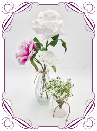 Silk faux white and light purple table centrepiece decoration flowers. Wedding table florals. Shower table decorations. Luxe rustic romantic wedding table centrepiece with roses . Cheap wedding table decoration flowers. Made in Australia. Buy online. Shipping world wide.