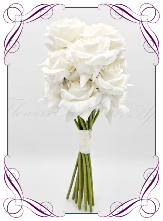 Artificial Bridal flowers in ivory white silk roses. Silk wedding Bouquet posy, featuring faux flowers in a romantic elegant and modern bridal style, classic white and traditional wedding bouquets. Made in Melbourne by Australia's Best Artificial Bridal Florist. Buy now Online. Worldwide Shipping available