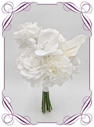 Artificial Bridal flowers in white pom poms, roses, orchids, anthurium. Silk wedding Bouquet posy, featuring faux flowers in a romantic elegant and unusual bridal style, classic white and traditional wedding bouquets. Made in Melbourne by Australia's Best Artificial Bridal Florist. Buy now Online. Worldwide Shipping available