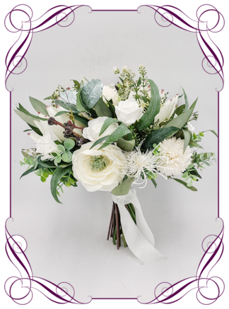 Artificial Bridal flowers in white roses, native australian gum foliage, and protea. Silk wedding Bouquet posy, featuring faux native flowers in a romantic elegant and unusual bridal style, classic white and traditional wedding bouquets. Made in Melbourne by Australia's Best Artificial Bridal Florist. Buy now Online. Worldwide Shipping available